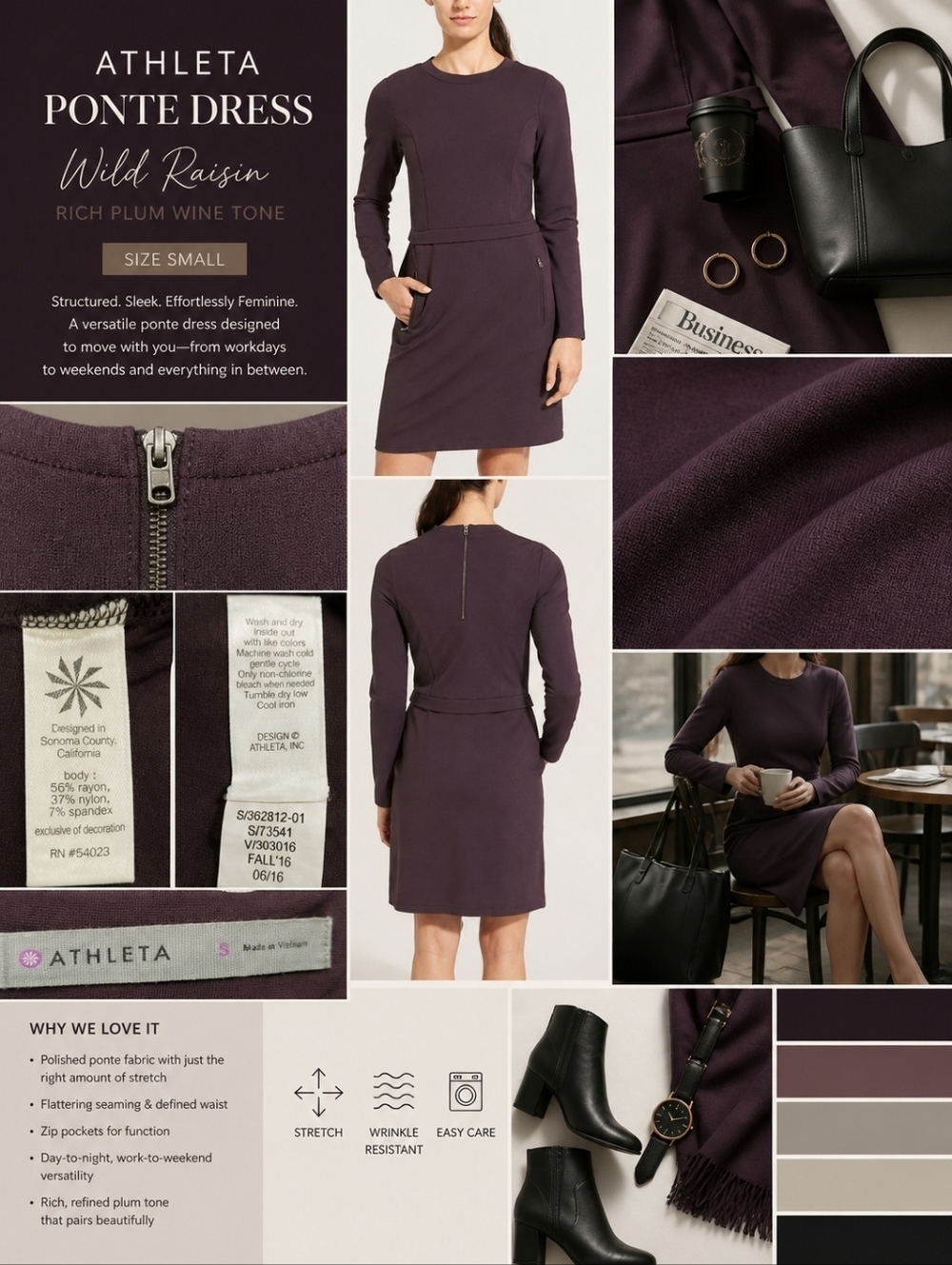 Athleta Ponte Dress Wold Raisin Rich Plum Wine - S